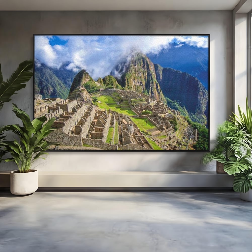 Tablou canvas cu tablou canvas cu cetatea machu picchu, in rama de aluminiu negru